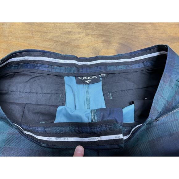 Glenmuir Pants Mens 34R Navy Green Tartan Plaid Golf Performance Stretch New - Picture 8 of 13